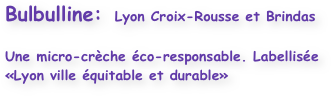 Bulbulline:  Lyon Croix-Rousse et Brindas

Une micro-crèche éco-responsable. Labellisée «Lyon ville équitable et durable»